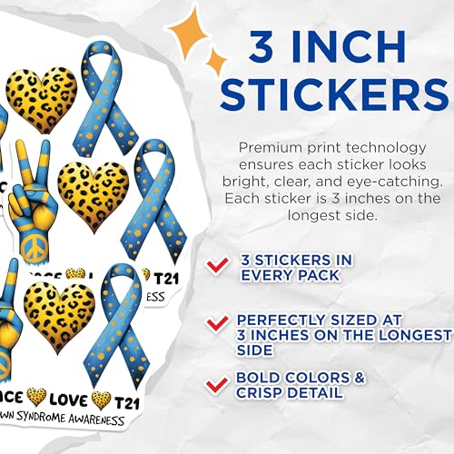 (3 Pack) Down Syndrome Awareness Decals - Peace Love - T21 Decals - 3 Inches On Longest Side - Easy Peel & Apply - Made in USA - 3MCS6969