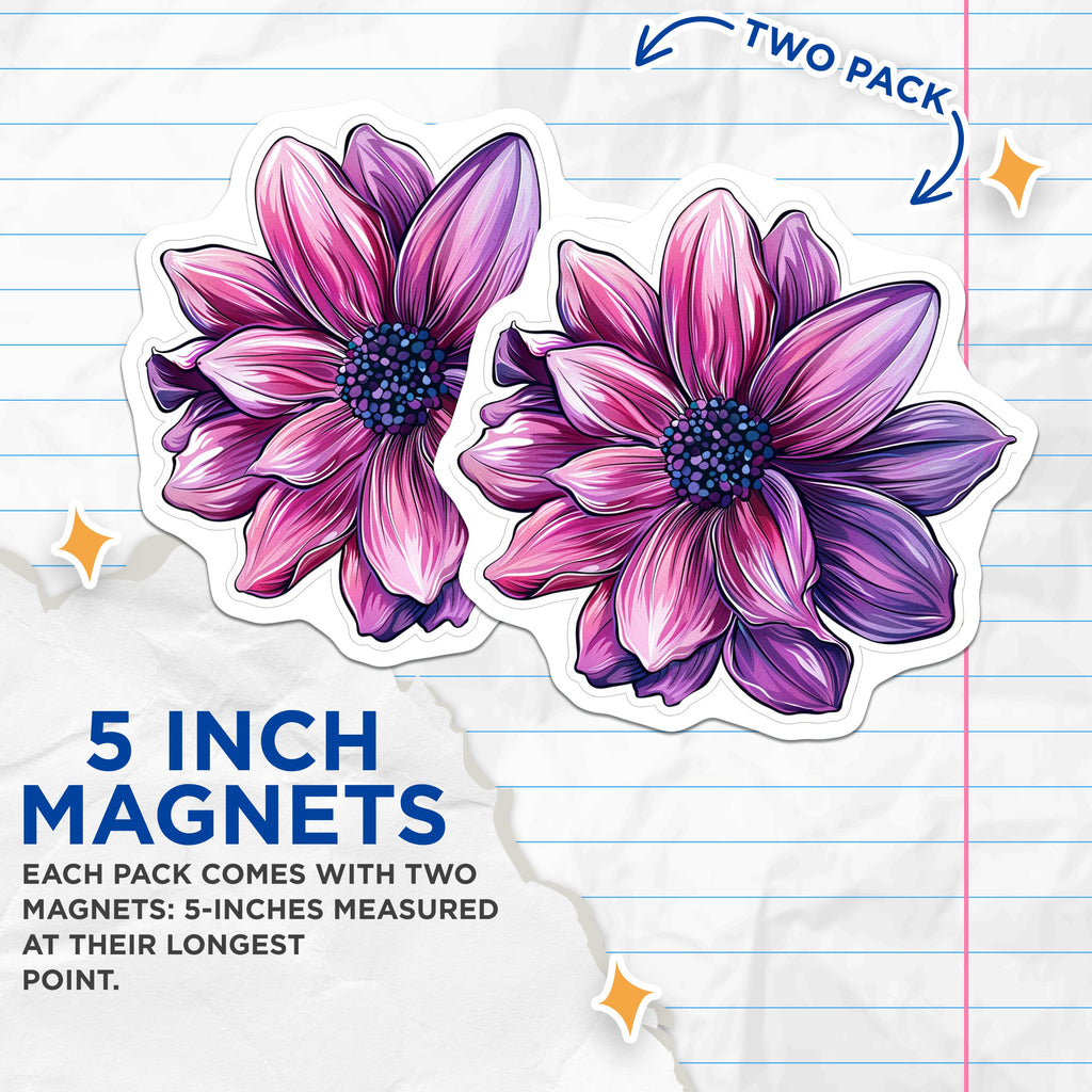 (2 Pack) Dahlia Flower Magnets - Vibrant Purple Pink Bloom Art - Botanical Refrigerator Office Decor - 5 Inches On Longest Side - Thick Durable Magnet - Made in USA - MAG36536