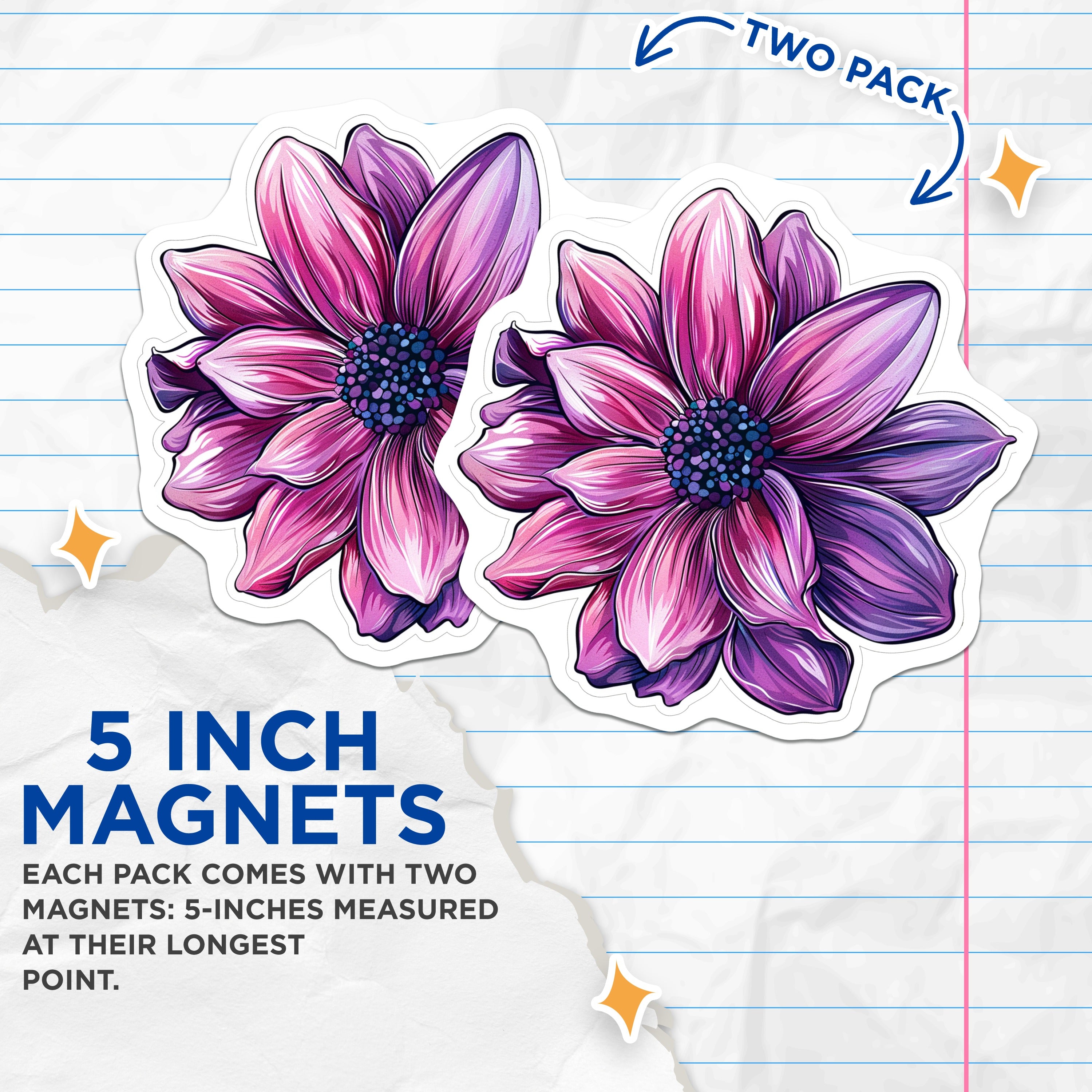 (2 Pack) Dahlia Flower Magnets - Vibrant Purple Pink Bloom Art - Botanical Refrigerator Office Decor - 5 Inches On Longest Side - Thick Durable Magnet - Made in USA - MAG36536