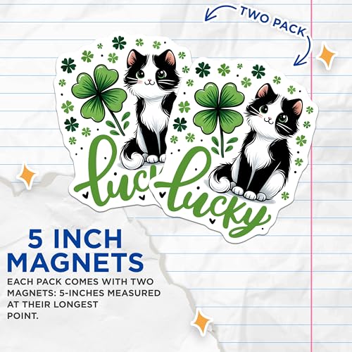 (2 Pack) Lucky Cat Magnets - Four Leaf Clover Decoration - Irish Good Luck Charm for Home and Office - 5" On Longest Side - for Cars, Fridges, Toolboxes - Made in USA - MAG8097