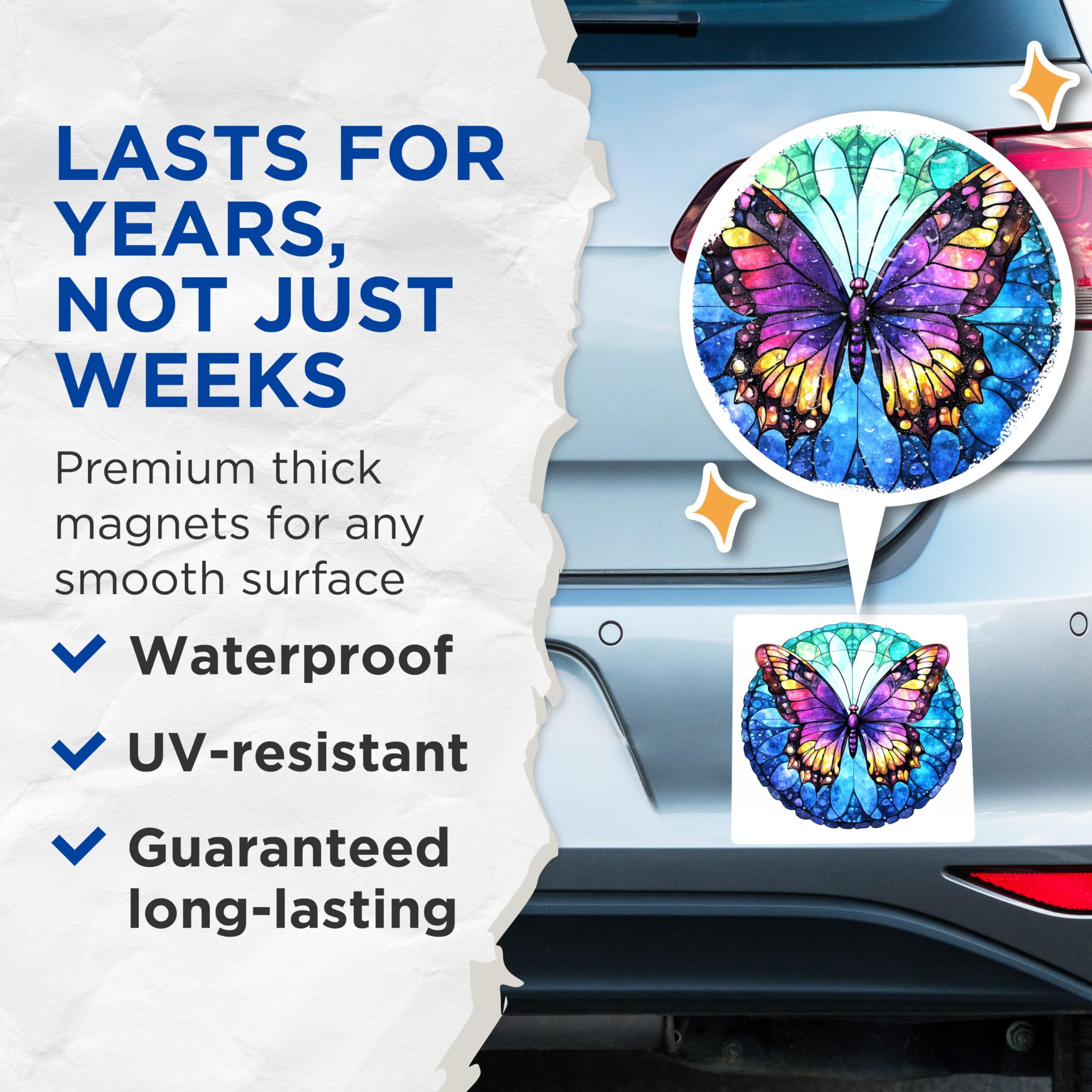 (2 Pack) Faux Stained Glass Butterfly Magnets - Vibrant Watercolor Aesthetic - Boho Home Decor Accent - 5 Inches On Longest Side - Thick Durable Magnet - Made in USA - MAG28233