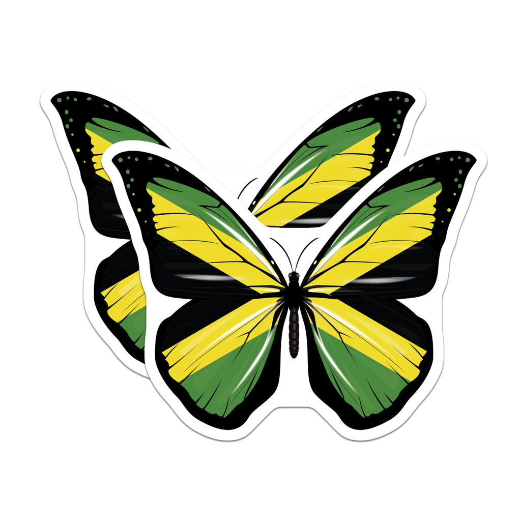 (2 Pack) Jamaican Butterfly Stickers - Jamaica Flag Art - Caribbean Pride Decals - 5" On Longest Side - Sticks to Smooth Flat Surfaces - Made in USA - BMCS18905