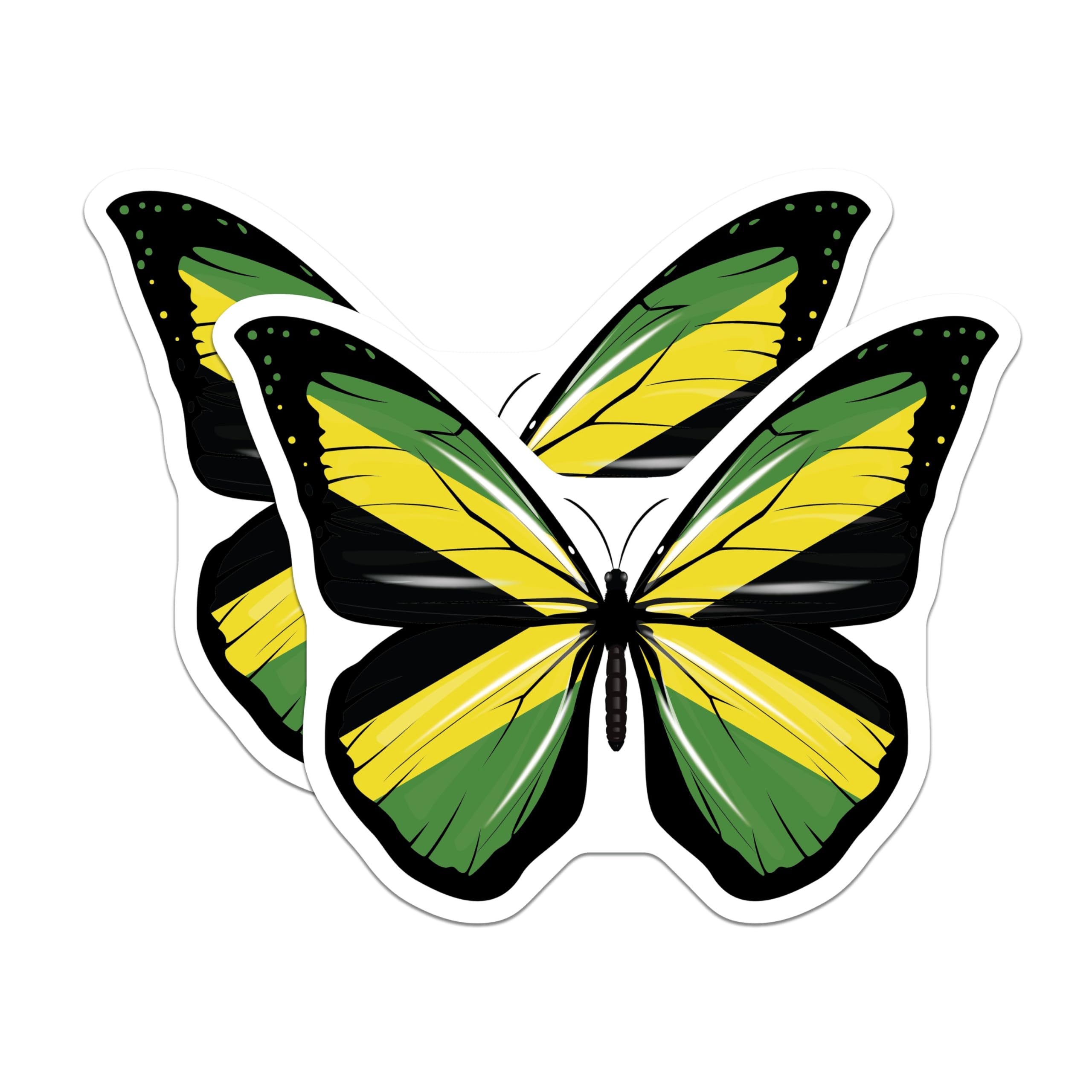 (2 Pack) Jamaican Butterfly Stickers - Jamaica Flag Art - Caribbean Pride Decals - 5" On Longest Side - Sticks to Smooth Flat Surfaces - Made in USA - BMCS18905