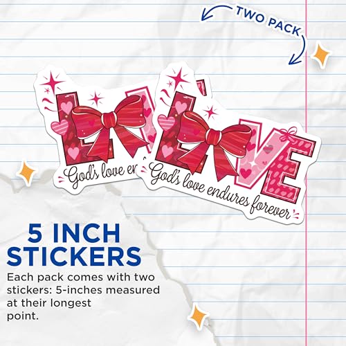 (2 Pack) Love Stickers - God's Love Endures Forever - Inspirational Quote - 5" On Longest Side - Sticks to Smooth Flat Surfaces - Made in USA - BMCS8947 - Pink Bow Heart Design