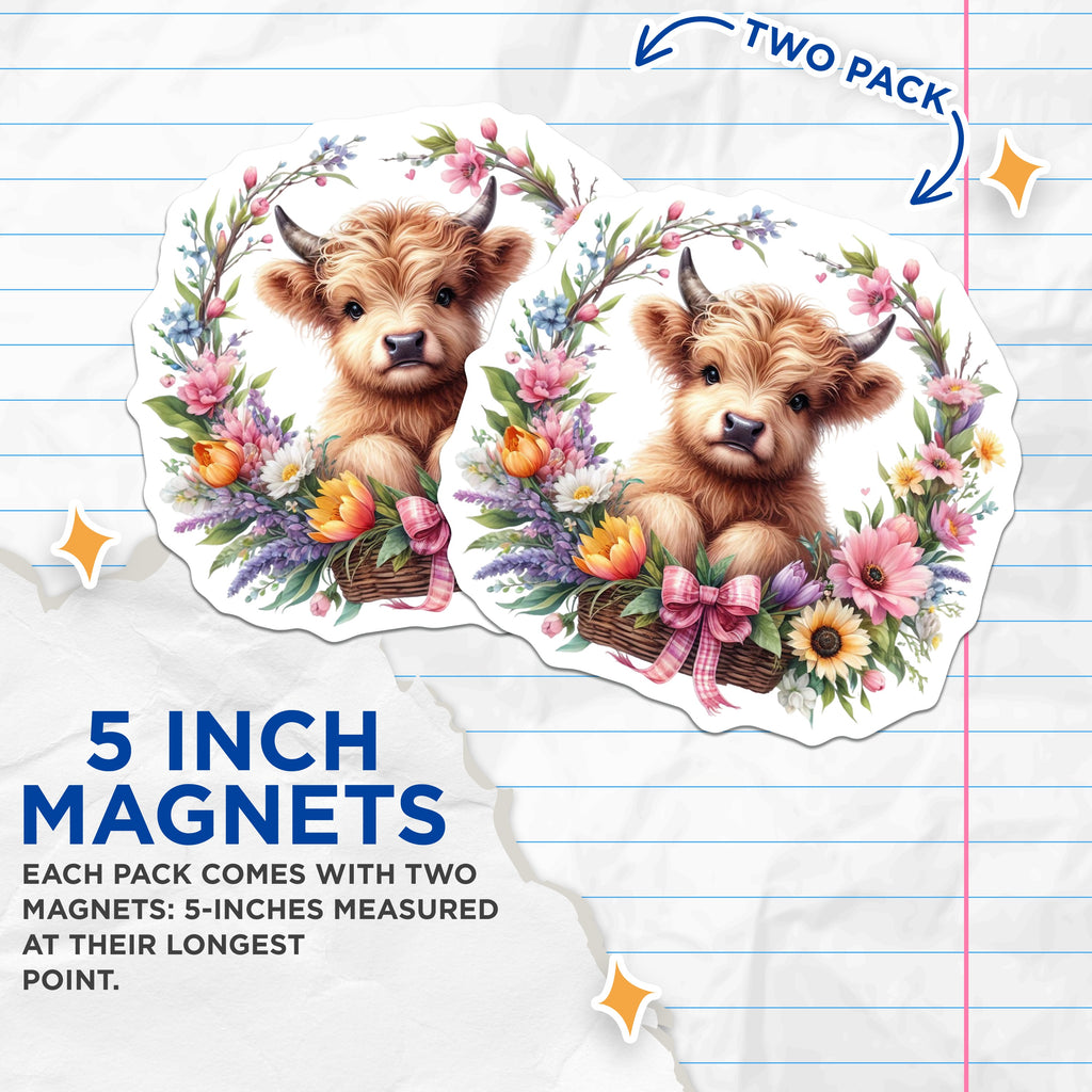 (2 Pack) Highland Cow Magnets - Spring Floral Decor - Cute Farm Animal Refrigerator Art - 5 Inches On Longest Side - Thick Durable Magnet - Made in USA - MAG39070