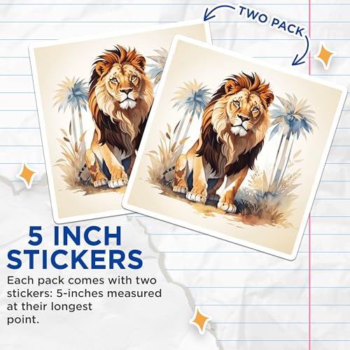 (2 Pack) Lion Art Stickers - Majestic Lion - Animal Illustration - 5" On Longest Side - Sticks to Smooth Flat Surfaces - Made in USA - BMCS8696 - Wildlife Decor
