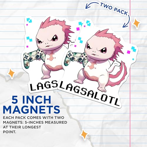 (2 Pack) Gamer Axolotl Magnets - Cute Gaming Lizard - Game Room Decor - 5" On Longest Side - for Cars, Fridges, Toolboxes - Made in USA - MAG7791
