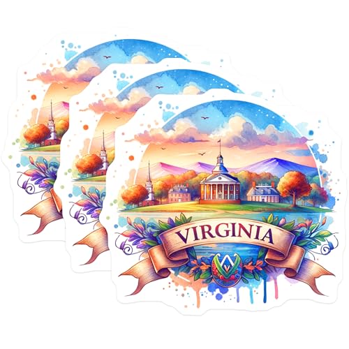 (3 Pack) Virginia Decals - Watercolor Art - State Pride Decal- 3 Inches On Longest Side - Easy Peel & Apply - Made in USA - 3MCS5747