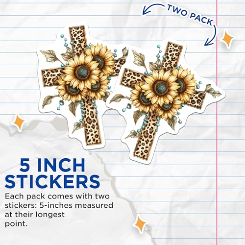 (2 Pack) Sunflower Cross Stickers - Leopard Print Cross - Religious Floral Art - 5" On Longest Side - Sticks to Smooth Flat Surfaces - Made in USA - BMCS8727