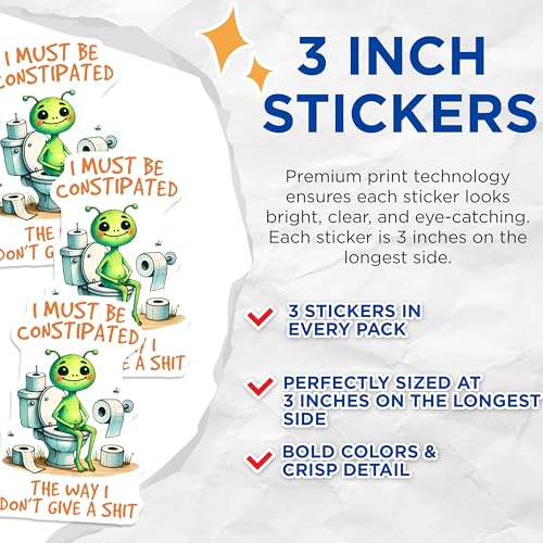 (3 Pack) Funny Alien Decals - Constipated Alien - Toilet Humor Decals - 3 Inches On Longest Side - Easy Peel & Apply - Made in USA - 3MCS8442