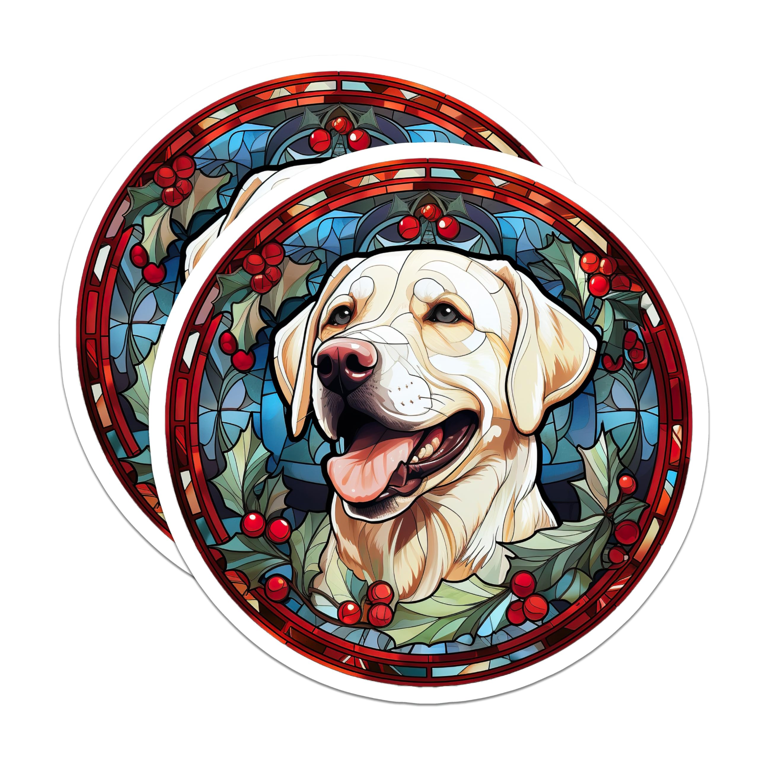 (2 Pack) Yellow Labrador Magnets - Stained Glass Christmas Dog - Holiday Pet Lover Decor - Lab Retriever Art - 5 Inches On Longest Side - Thick Durable Magnet - Made in USA - MAG29367