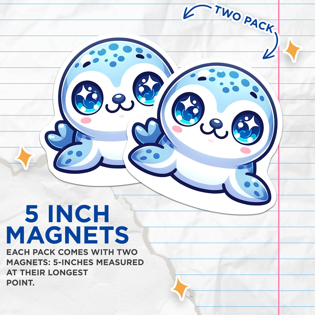 (2 Pack) Kawaii Seal Magnets - Cute Animal Decor - Refrigerator Locker Decor - 5 Inches On Longest Side - Thick Durable Magnet - Made in USA - MAG39932