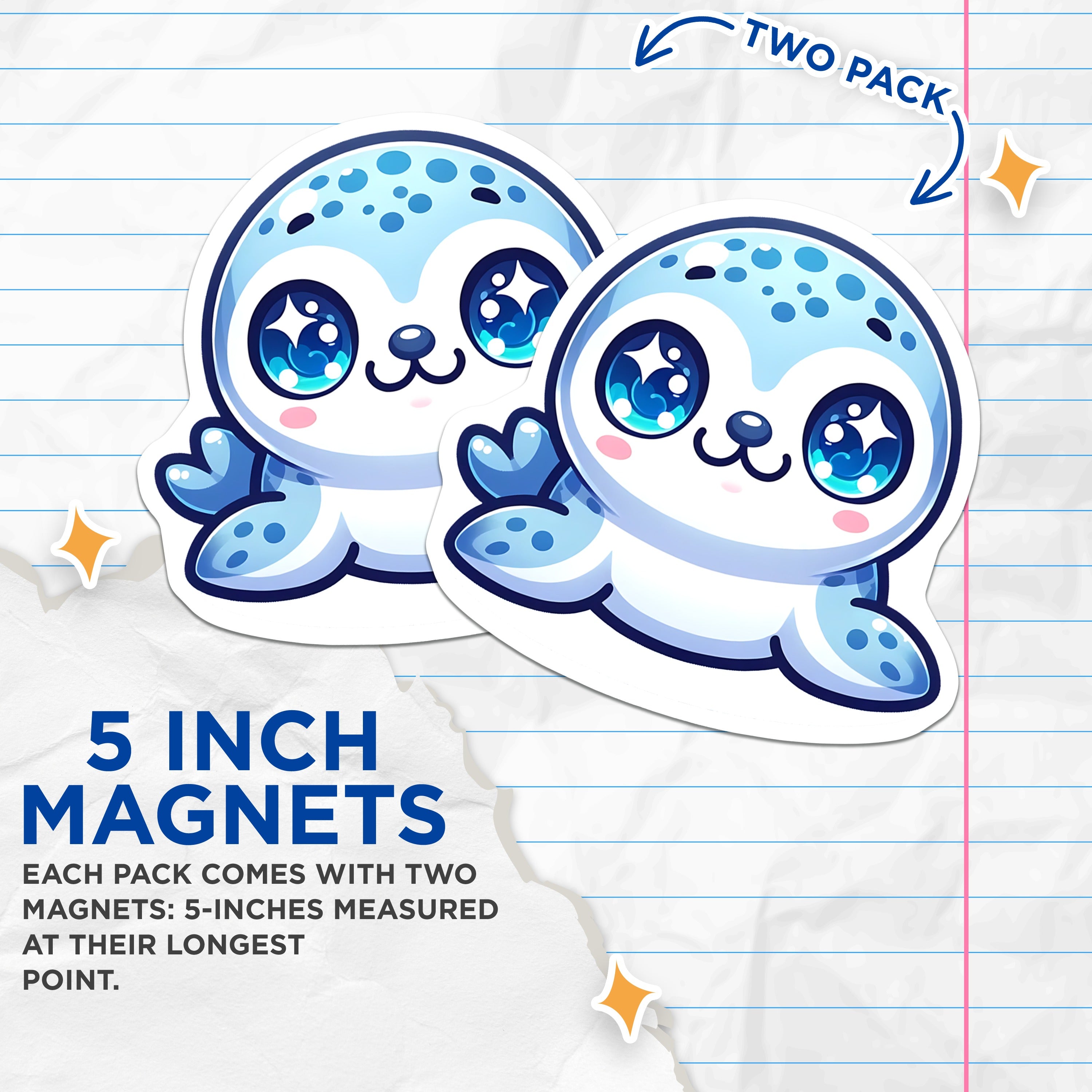 (2 Pack) Kawaii Seal Magnets - Cute Animal Decor - Refrigerator Locker Decor - 5 Inches On Longest Side - Thick Durable Magnet - Made in USA - MAG39932