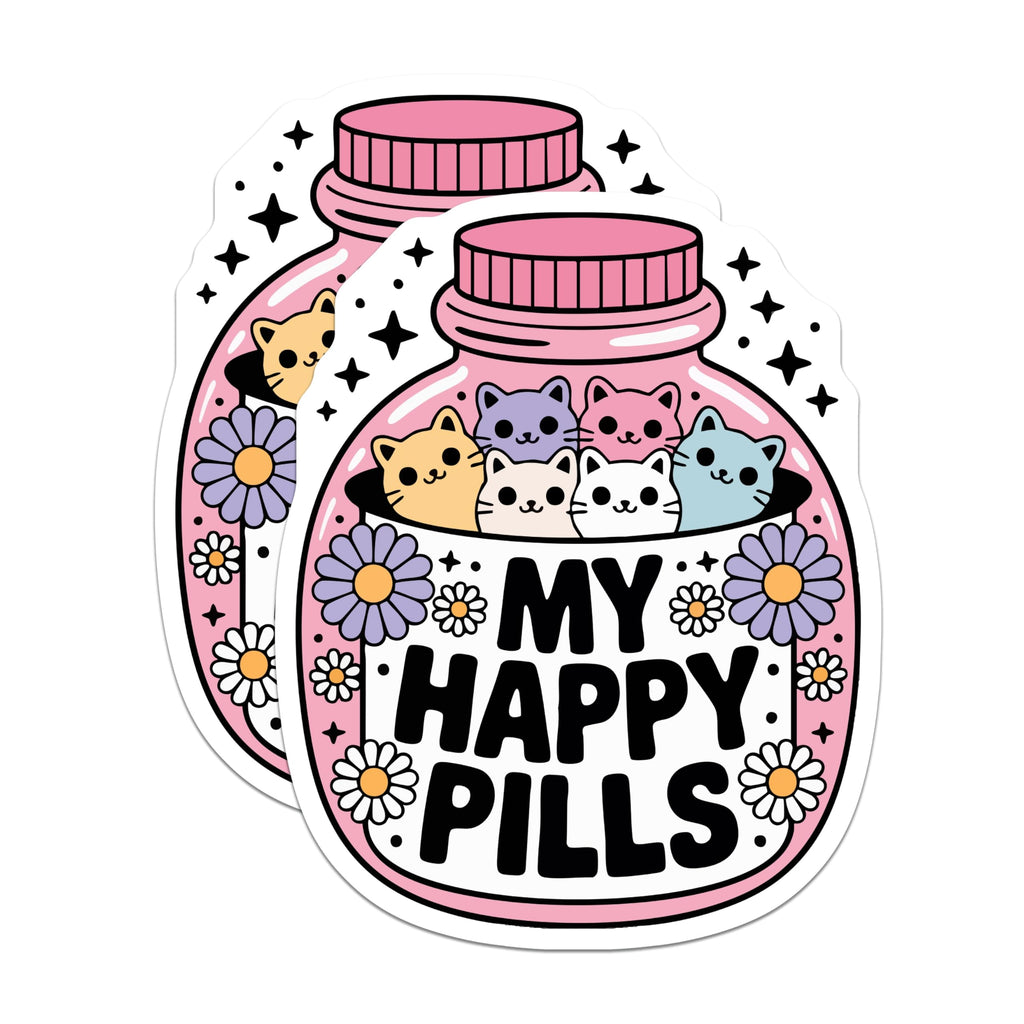 (2 Pack) Happy Pills Cats Magnets - Cute Kitten Bottle Decor - Whimsical Mental Health Art - Unique Pet Lover Present - 5 Inches On Longest Side - Thick Durable Magnet - Made in USA - MAG21046