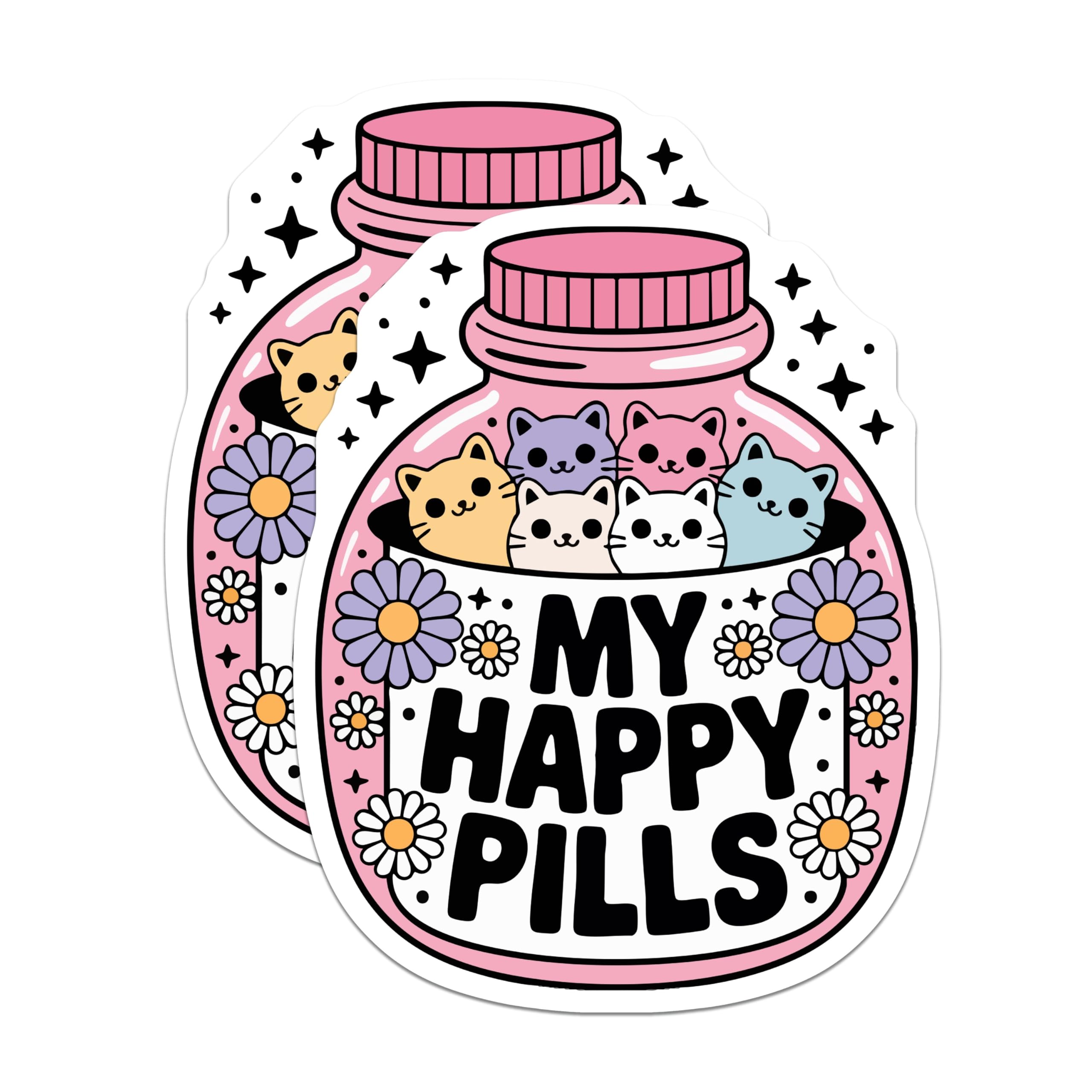 (2 Pack) Happy Pills Cats Magnets - Cute Kitten Bottle Decor - Whimsical Mental Health Art - Unique Pet Lover Present - 5 Inches On Longest Side - Thick Durable Magnet - Made in USA - MAG21046