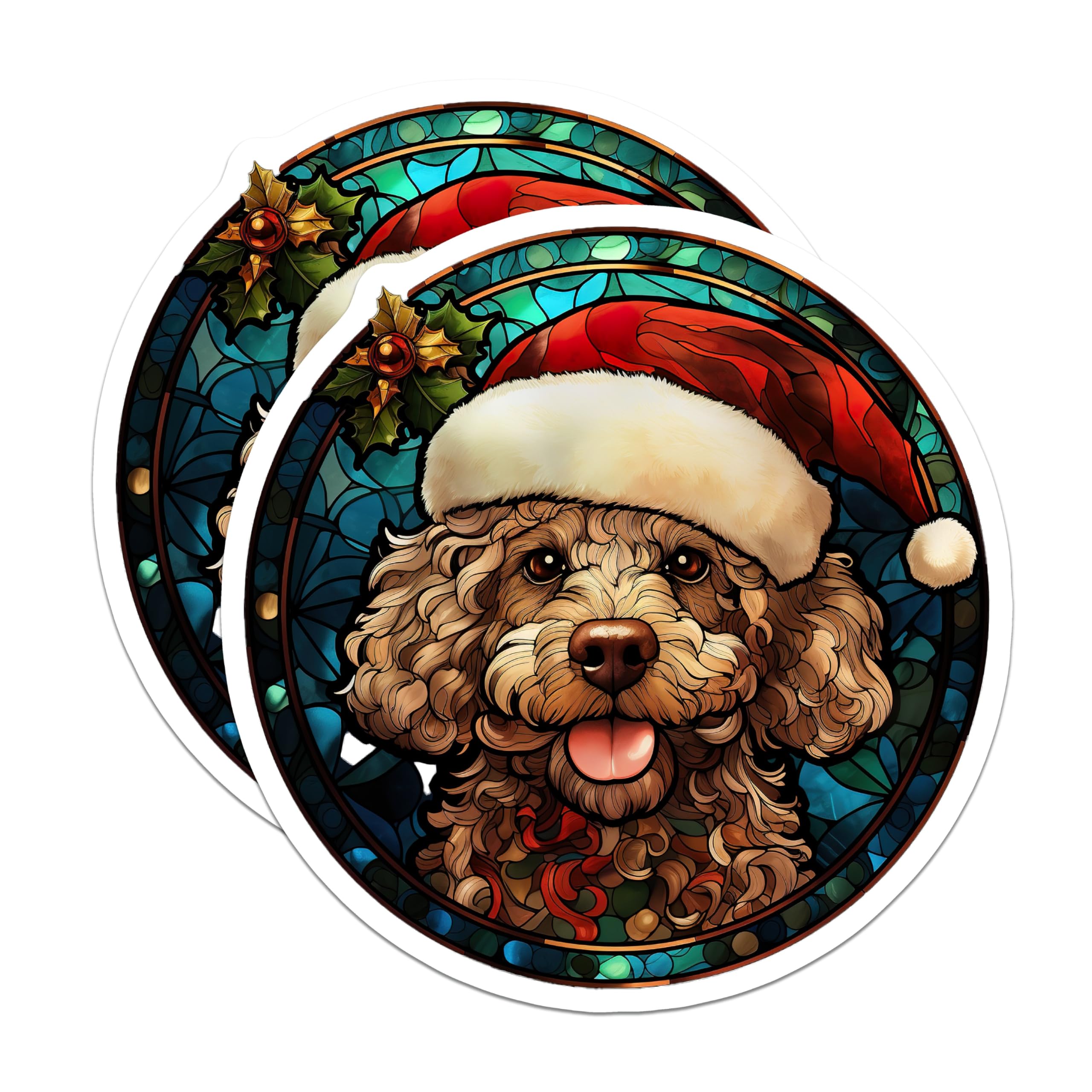 (2 Pack) Christmas Doodle Dog Magnets - Stained Glass Pet Art - Festive Holiday Refrigerator Decor - 5 Inches On Longest Side - Thick Durable Magnet - Made in USA - MAG26573