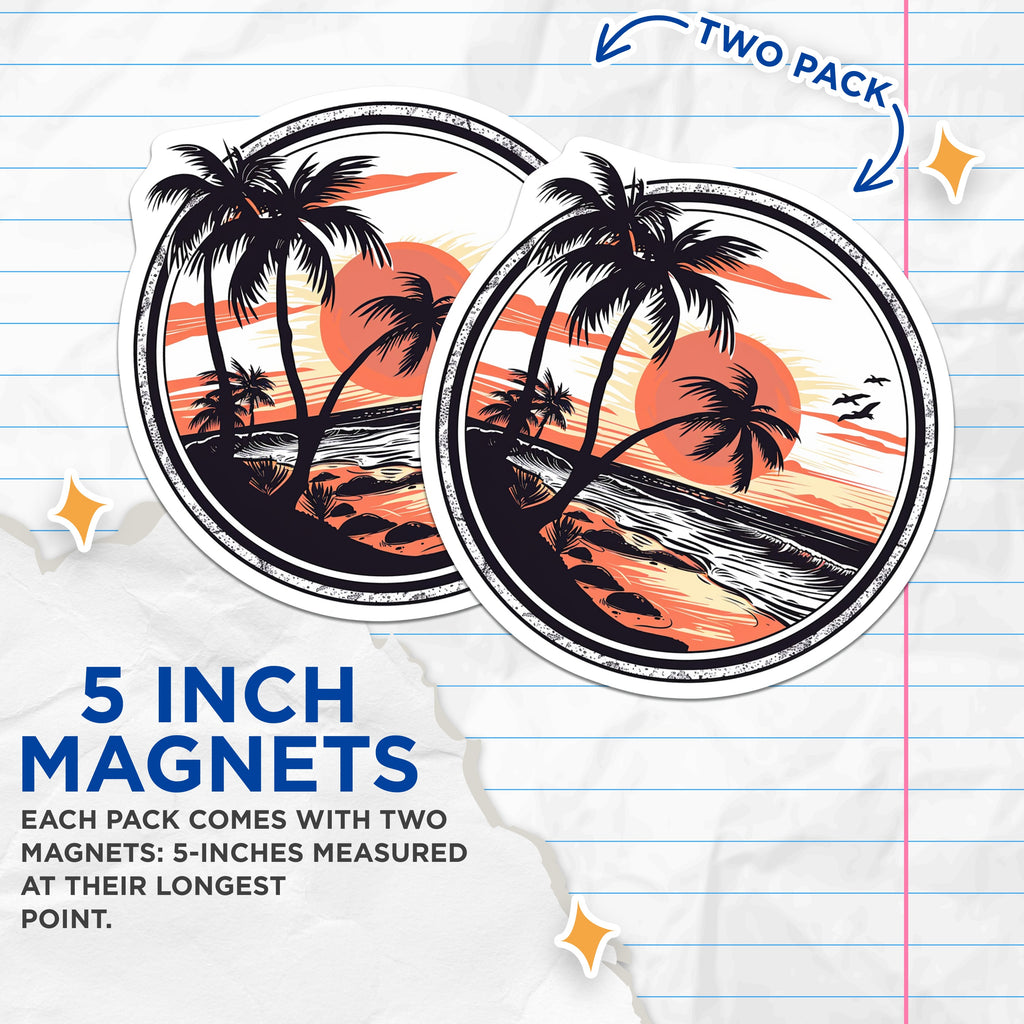 (2 Pack) Tropical Beach Sunset Magnets - Palm Tree Ocean Art - Coastal Decor Vacation Scene - 5 Inches On Longest Side - Thick Durable Magnet - Made in USA - MAG39127
