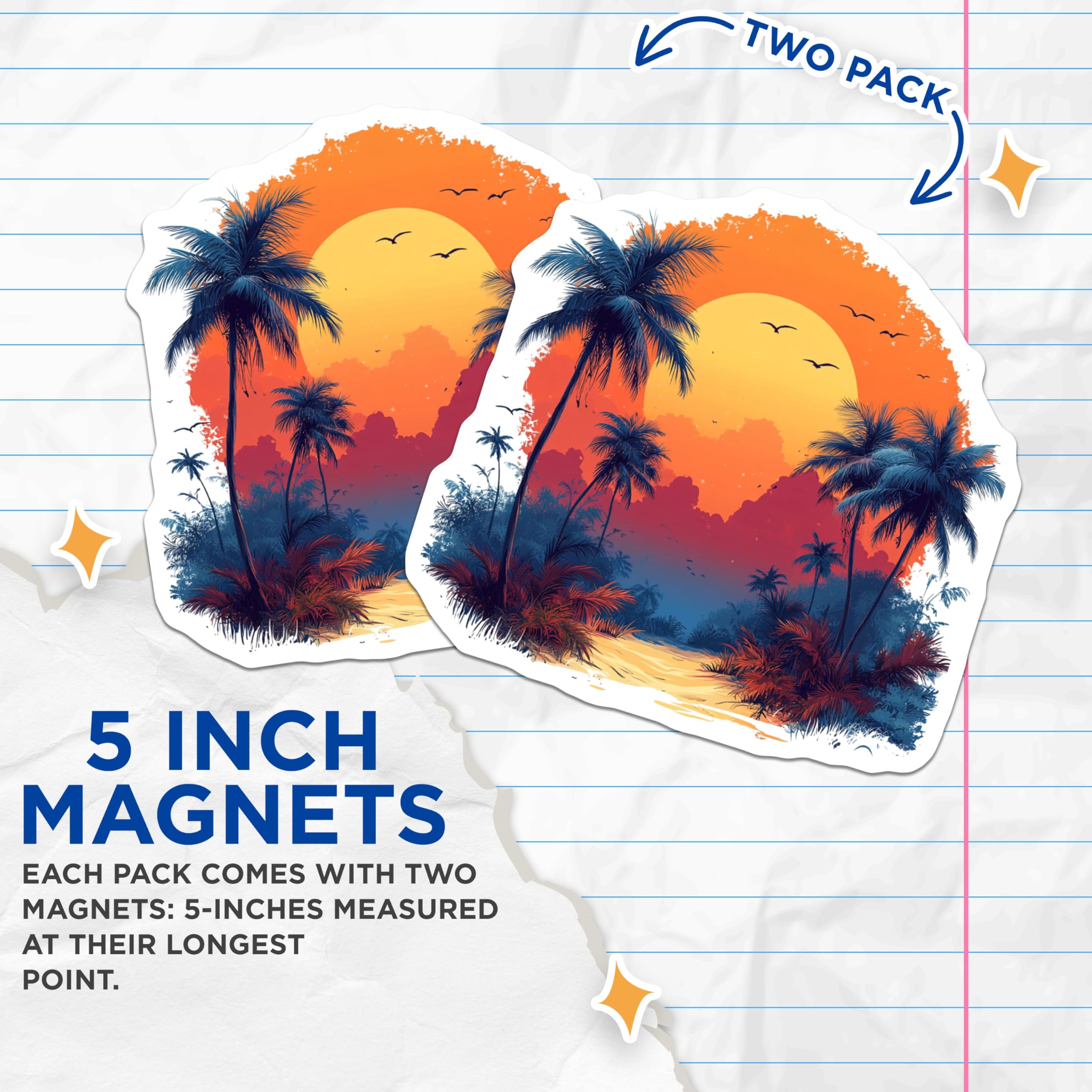 (2 Pack) Tropical Sunset Magnets - Palm Tree Magnets - Beach Vibe Fridge Art - 5 Inches On Longest Side - Thick Durable Magnet - Made in USA - MAG25207