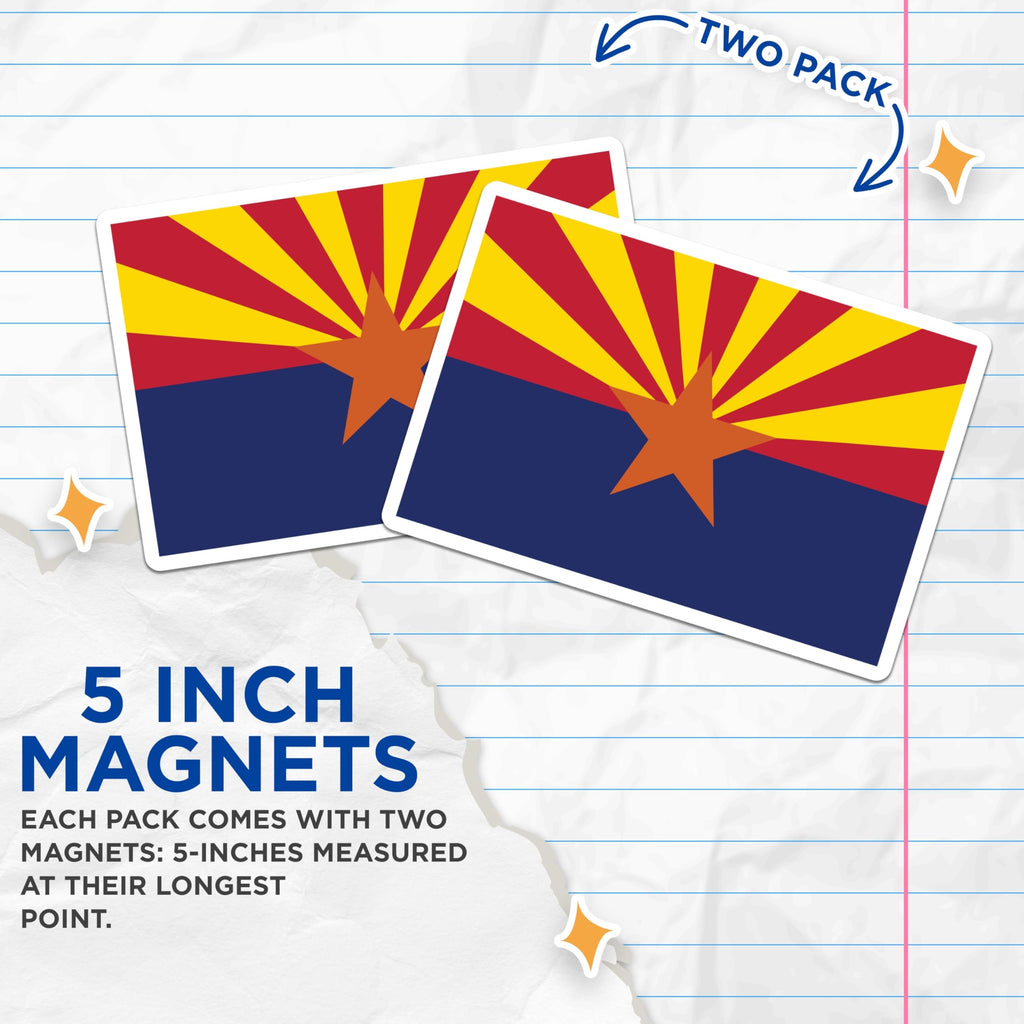 (2 Pack) Arizona State Flag Magnets - Southwestern Decor - Fridge or Locker Magnet - 5" On Longest Side - Premium Magnet - for Cars, Refrigerators, Toolboxes, Lockers - Made in USA - MAG18111