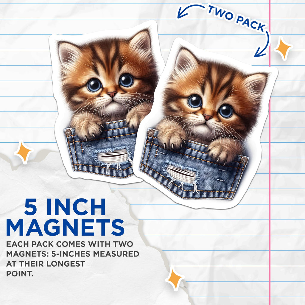 (2 Pack) Kitten in Pocket Magnets - Cute Tabby Kitty - Fridge Locker Decor - 5" On Longest Side - Premium Magnet - for Cars, Refrigerators, Toolboxes, Lockers - Made in USA - MAG16194