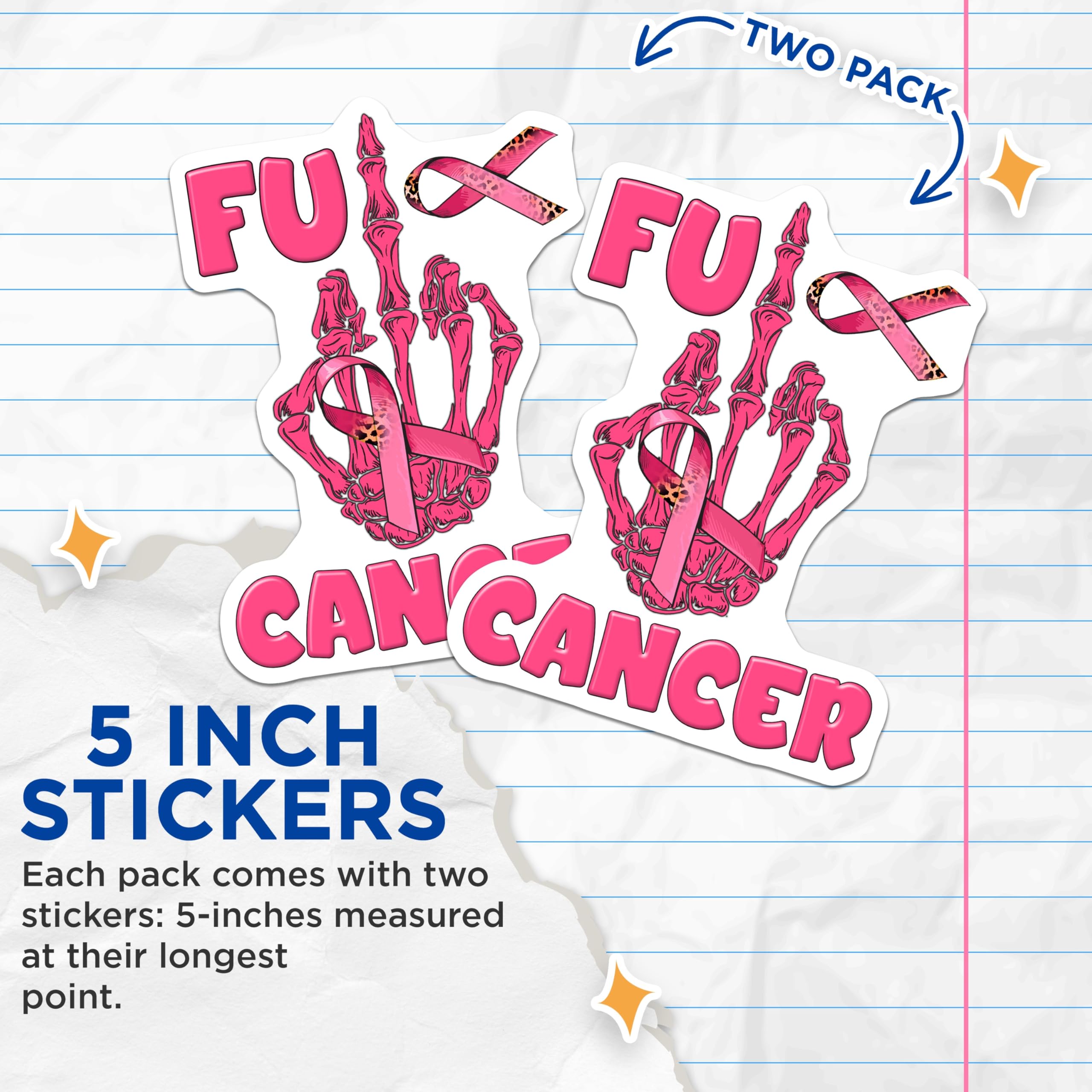 (2 Pack) FU Cancer Stickers - Breast Cancer Awareness Decals - Middle Finger Skeleton Ribbon - 5" On Longest Side - Sticks to Smooth Flat Surfaces - Made in USA - BMCS17128