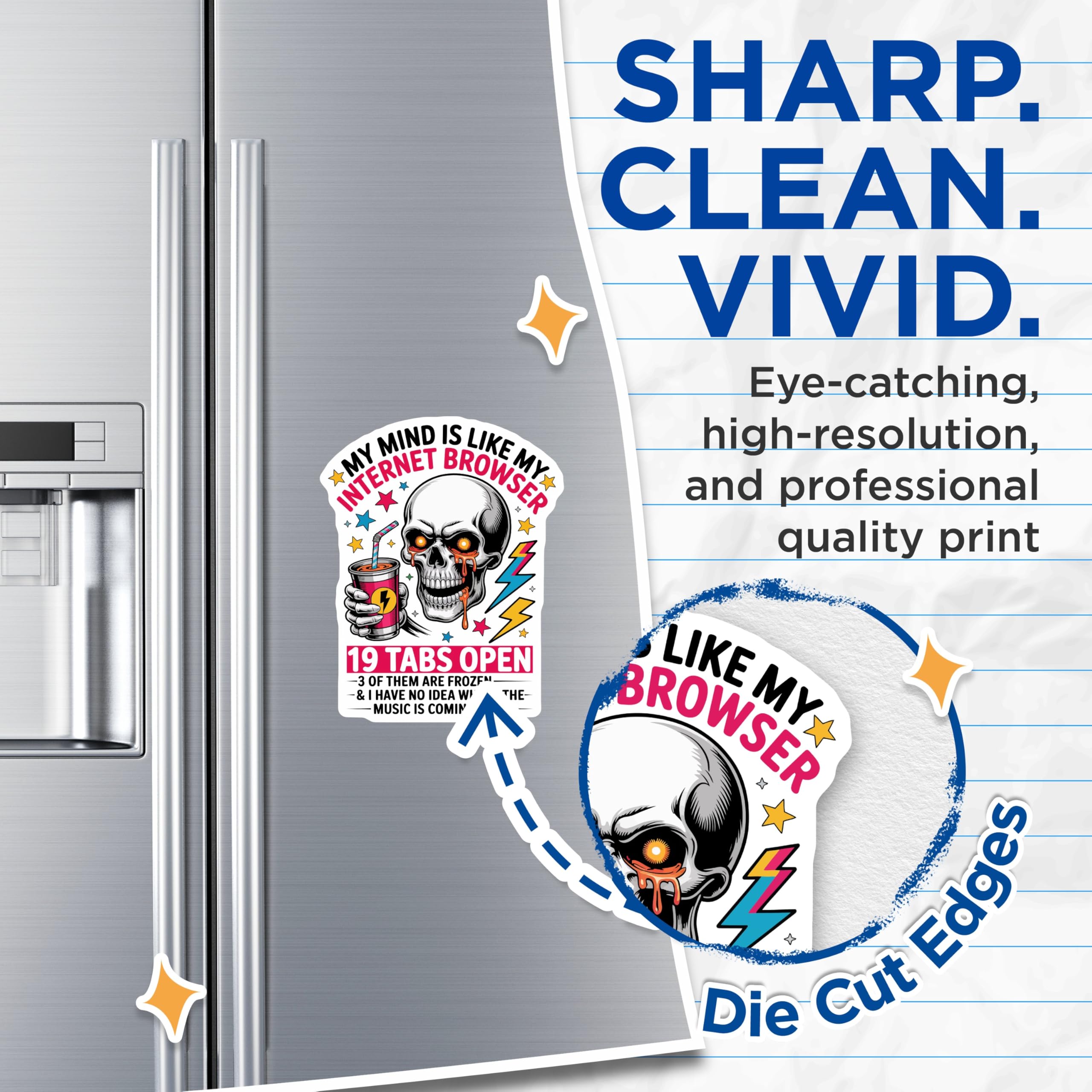 (2 Pack) Funny Internet Browser Magnets - Skull Tabs Open Meme - Tech Humor Relatable Mind Magnet - 5 Inches On Longest Side - Thick Durable Magnet - Made in USA - MAG22069