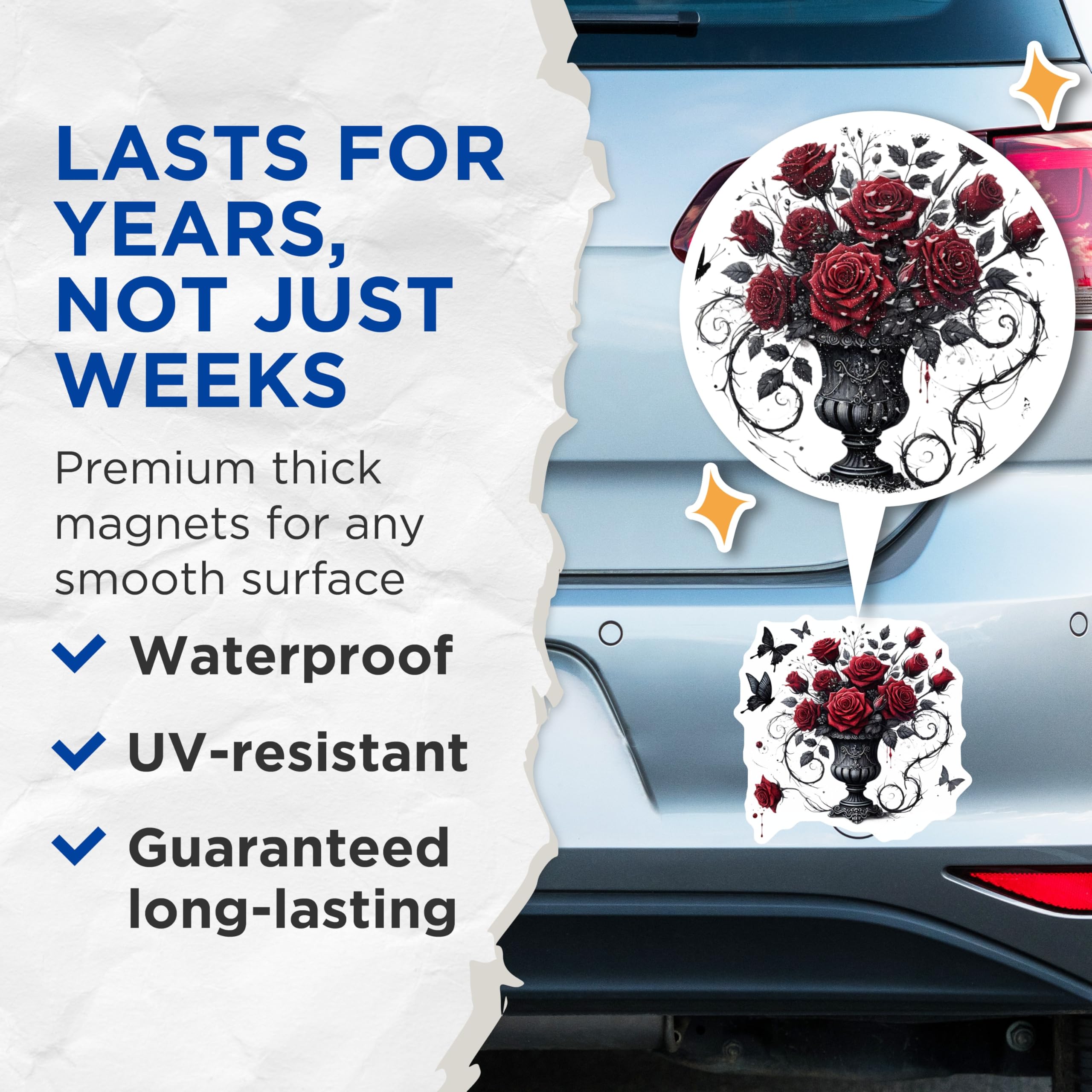 (2 Pack) Gothic Roses Magnets - Dark Butterfly - Floral Bouquets Decorative Magnets - 5" On Longest Side - Premium Magnet - for Cars, Refrigerators, Toolboxes, Lockers - Made in USA - MAG15521
