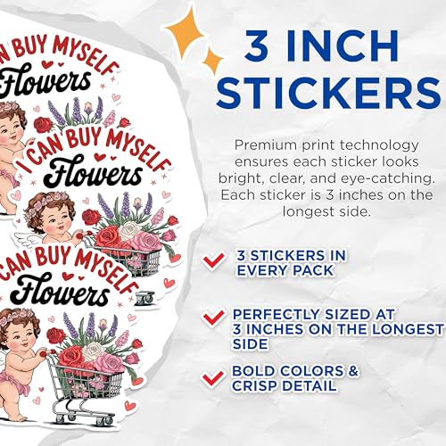 (3 Pack) I Can Buy Myself Flowers Decals - Angel Flower Cart - Empowering Laptop Decal - 3 Inches On Longest Side - Easy Peel & Apply - Made in USA - 3MCS1749