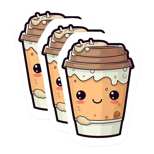 (3 Pack) Cute Coffee Decals - Kawaii Drink Stickers - Laptop Stickers - 3 Inches On Longest Side - Easy Peel & Apply - Made in USA - 3MCS1044