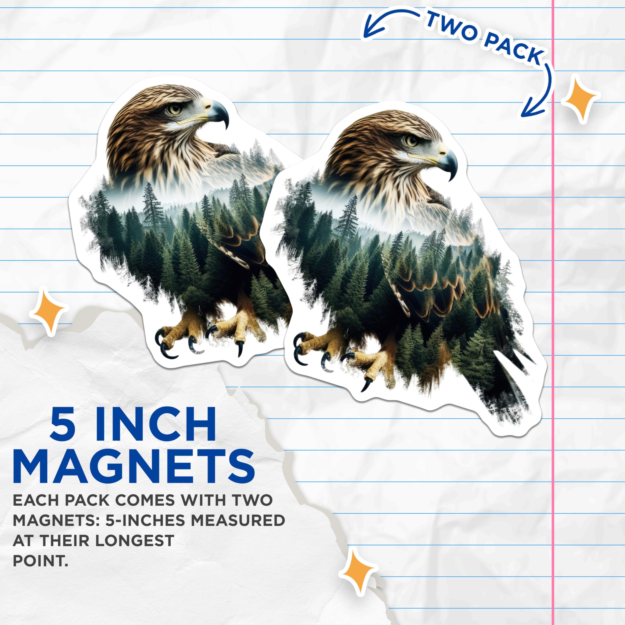 (2 Pack) Eagle Magnets - Majestic Bird Forest Art - Fridge Home Decor - 5" On Longest Side - Premium Magnet - for Cars, Refrigerators, Toolboxes, Lockers - Made in USA - MAG14016