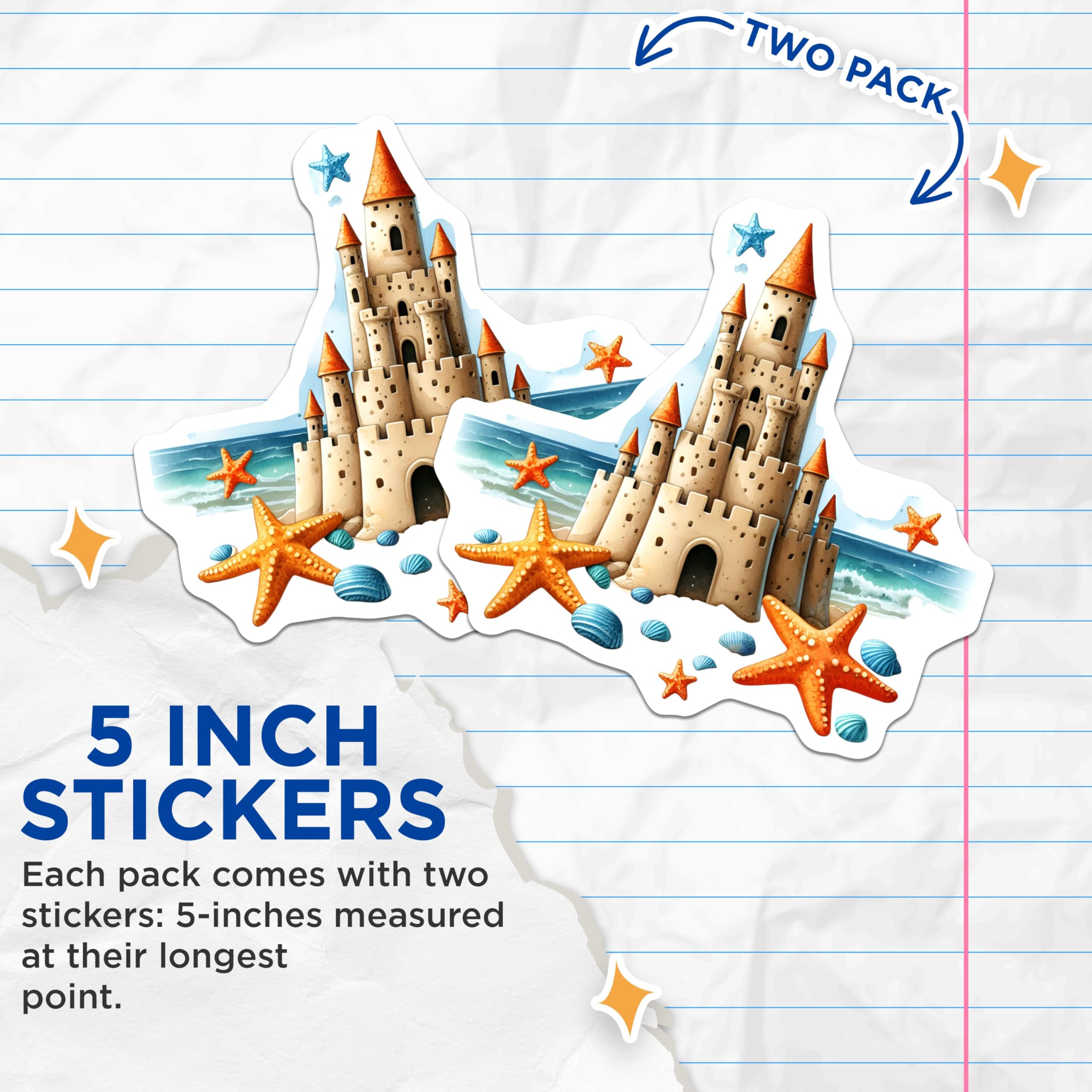(2 Pack) Sandcastle Stickers - Beach Theme - Summer Vacation - 5" On Longest Side - Sticks to Smooth Flat Surfaces - Made in USA - BMCS9283 - Ocean Scene - Coastal Decor - Starfish