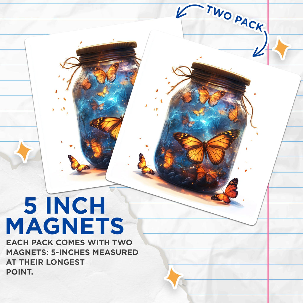 (2 Pack) Enchanted Butterfly Jar Magnets - Glowing Monarch Refrigerator Art - Magical Fairycore Kitchen Aesthetic - 5 Inches On Longest Side - Thick Durable Magnet - Made in USA - MAG23419