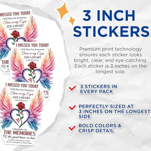 (3 Pack) Memorial Decals - Loss Remembrance - Angel Wings and Heart Decal - 3 Inches On Longest Side - Easy Peel & Apply - Made in USA - 3MCS4870