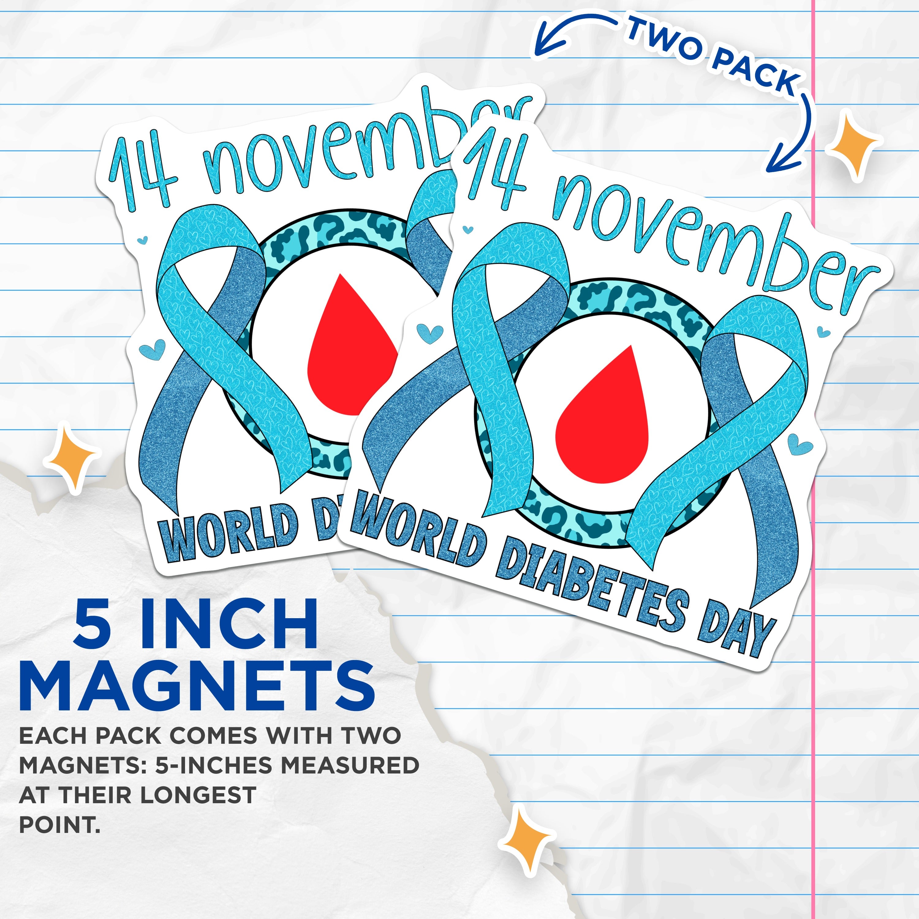 (2 Pack) World Diabetes Day Magnets - November 14th Awareness Ribbon - Chronic Illness Support Item - Diabetes Advocate Display - 5" - Durable Magnet - Made in USA - MAG37324