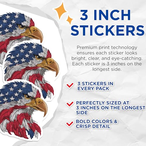 (3 Pack) American Eagle Decals - USA Flag Patriotic - Laptop Decals- 3 Inches On Longest Side - Easy Peel & Apply - Made in USA - 3MCS5971