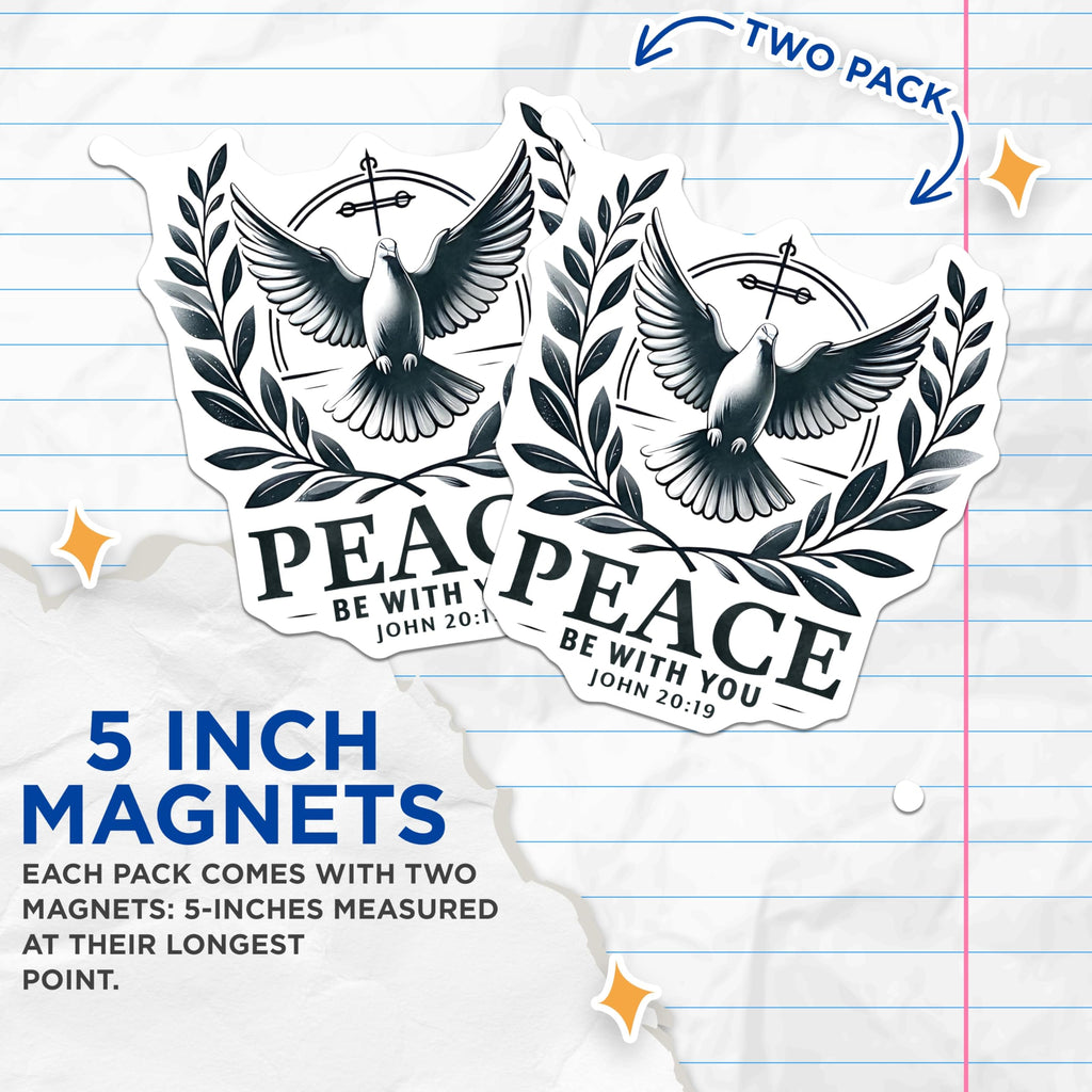 (2 Pack) Peace Dove Magnets - Christian Scripture - John 20:19 Verse Decor - 5 Inches On Longest Side - Thick Durable Magnet - Made in USA - MAG26547