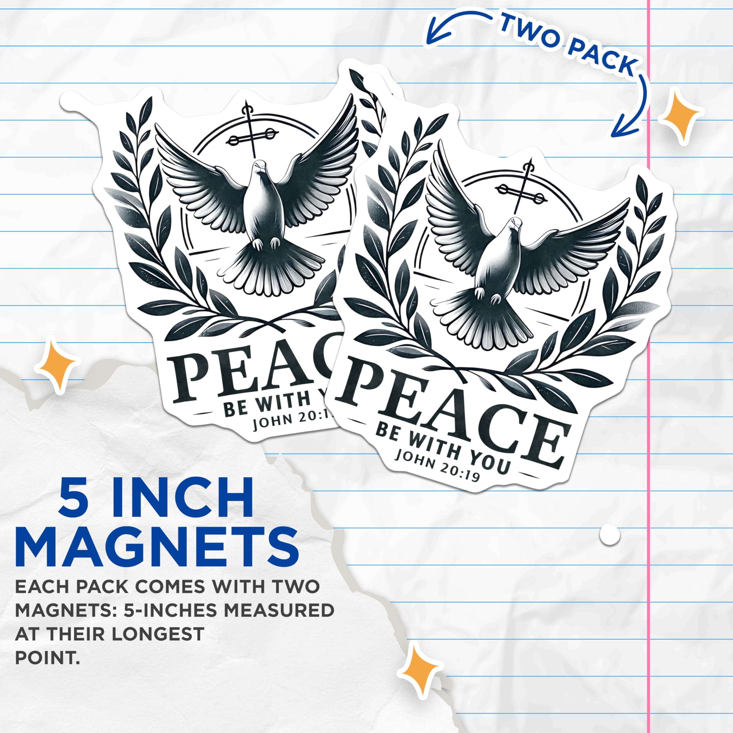 (2 Pack) Peace Dove Magnets - Christian Scripture - John 20:19 Verse Decor - 5 Inches On Longest Side - Thick Durable Magnet - Made in USA - MAG26547