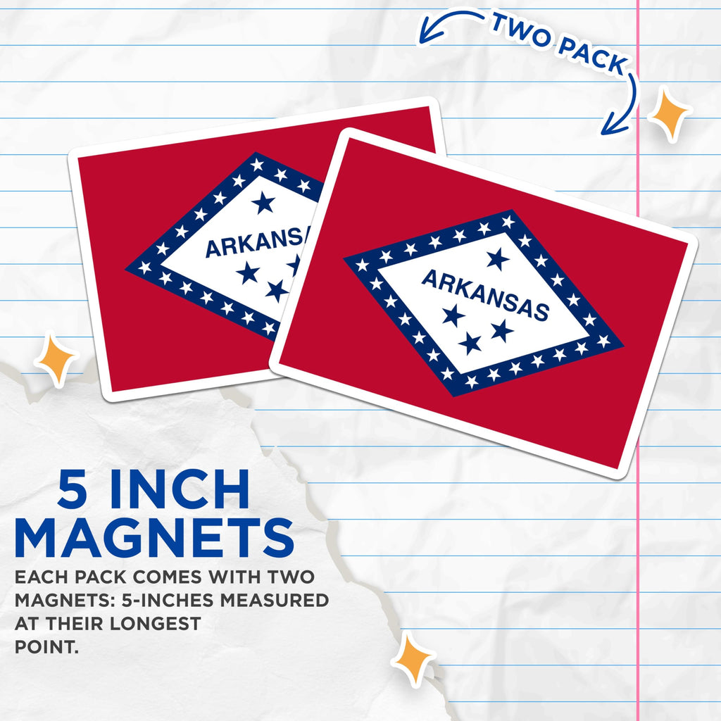 (2 Pack) Arkansas State Flag Magnets - Fridge Magnets - USA State Pride - 5" On Longest Side - Premium Magnet - for Cars, Refrigerators, Toolboxes, Lockers - Made in USA - MAG18322