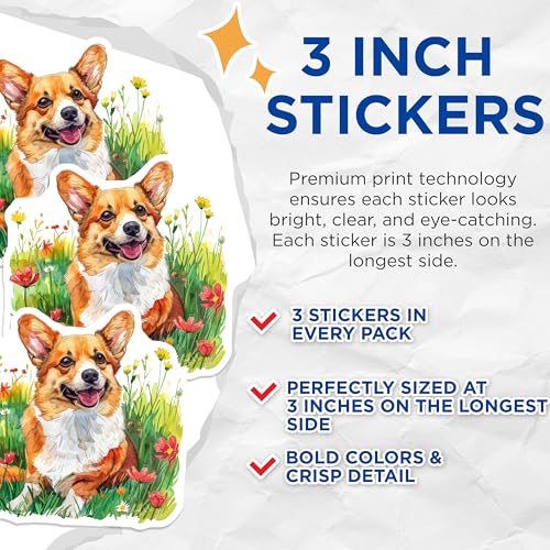 (3 Pack) Corgi Dog Decals - Watercolor Pet - Cute Laptop Decals- 3 Inches On Longest Side - Easy Peel & Apply - Made in USA - 3MCS5481