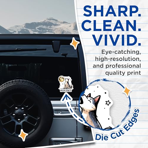 (2 Pack) Dog Howling at Moon Stickers - Husky Wolf Howler Decal - Cute Animal Art Stickers - 5" On Longest Side - Sticks to Smooth Flat Surfaces - Made in USA - BMCS3622