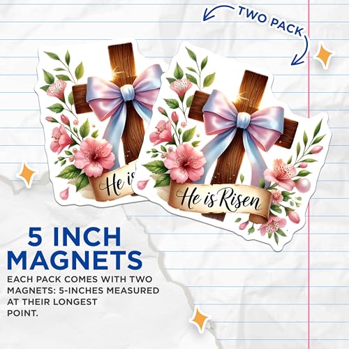 (2 Pack) He is Risen Magnets Magnets - Christian Faith - Floral Easter Decor - 5" On Longest Side - Made in USA - Sticks to Refrigerators & Metal Surfaces - MAG8755
