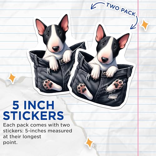 (2 Pack) Cute Bull Terrier Stickers - Dog Lover Stickers - Fun Pet Stickers for Laptops and Notebooks - 5" On Longest Side - Sticks to Smooth Flat Surfaces - Made in USA - BMCS3953