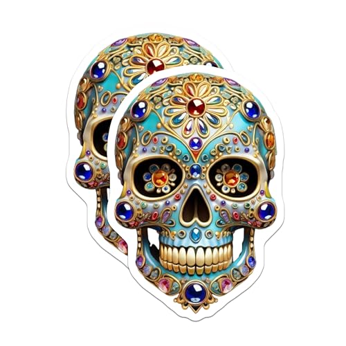 (2 Pack) Colorful Sugar Skull Stickers - Dia de Los Muertos - Day of The Dead Art - 5" On Longest Side - Sticks to Smooth Flat Surfaces - Made in USA - BMCS8602