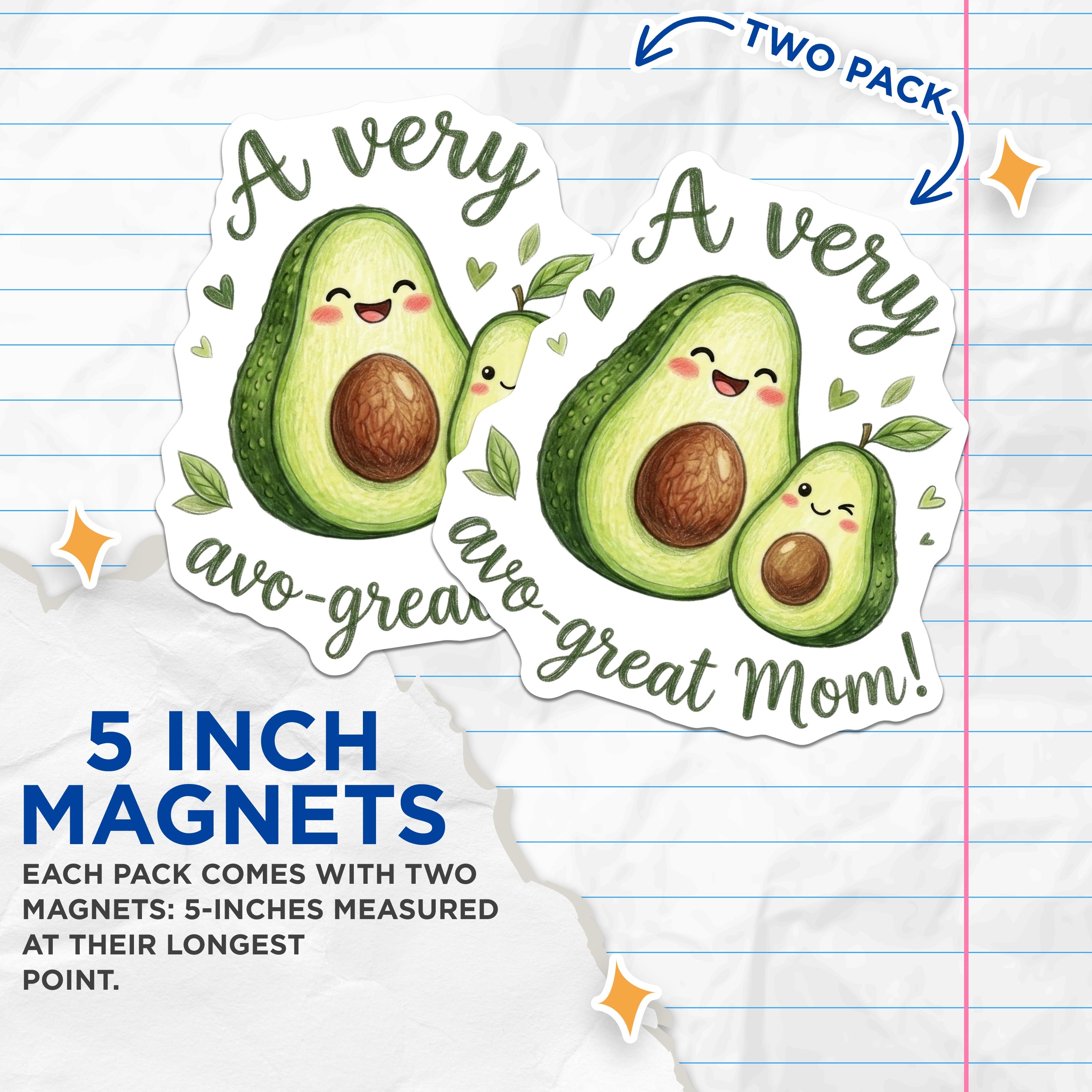 (2 Pack) Avocado Mom Magnets - Cute Mother Appreciation - Funny Food Pun Decor for Moms - 5 Inches On Longest Side - Thick Durable Magnet - Made in USA - MAG39220