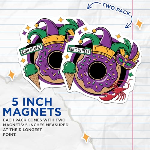 (2 Pack) King Street Mardi Gras Magnets - Jester Donut Magnet - New Orleans Theme Magnet - Ative Kitchen Magnets - 5" On Longest Side - for Cars, Fridges, Toolboxes - Made in USA - MAG3905