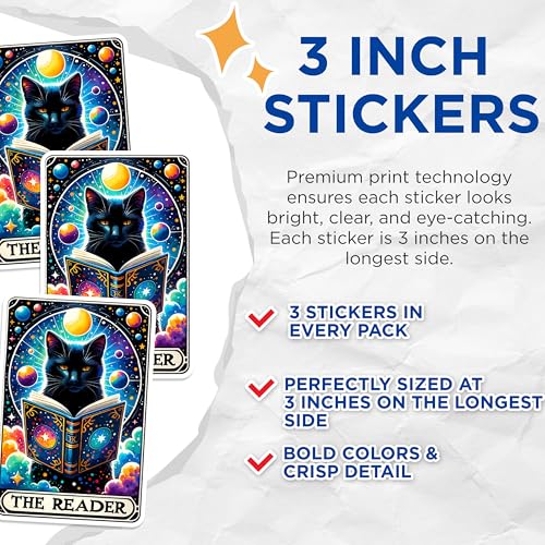 (3 Pack) Black Cat Decals - Tarot Card Stickers - 'The Reader' Laptop Decal - 3 Inches On Longest Side - Easy Peel & Apply - Made in USA - 3MCS1407