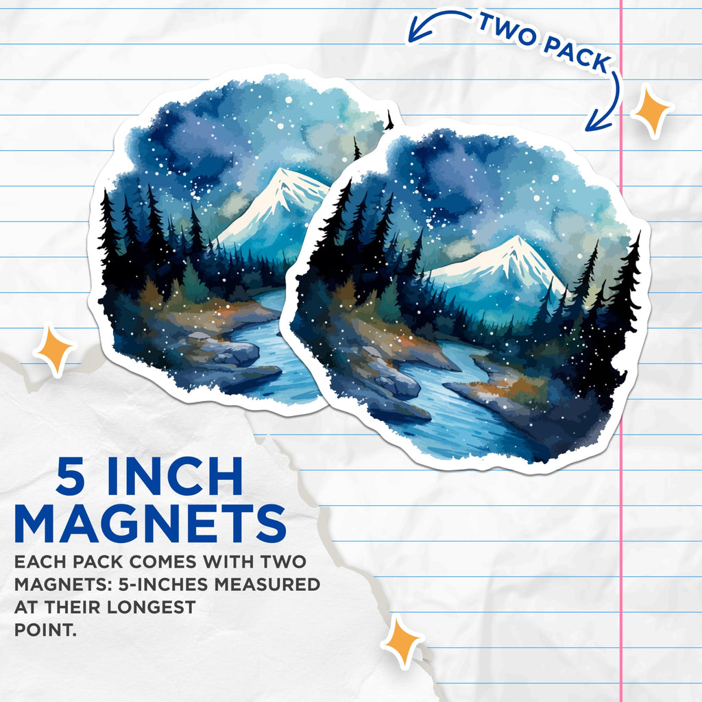 (2 Pack) Snowy Mountain Magnets - Winter Landscape Decor - Pine Forest River Scene - 5 Inches On Longest Side - Thick Durable Magnet - Made in USA - MAG19621