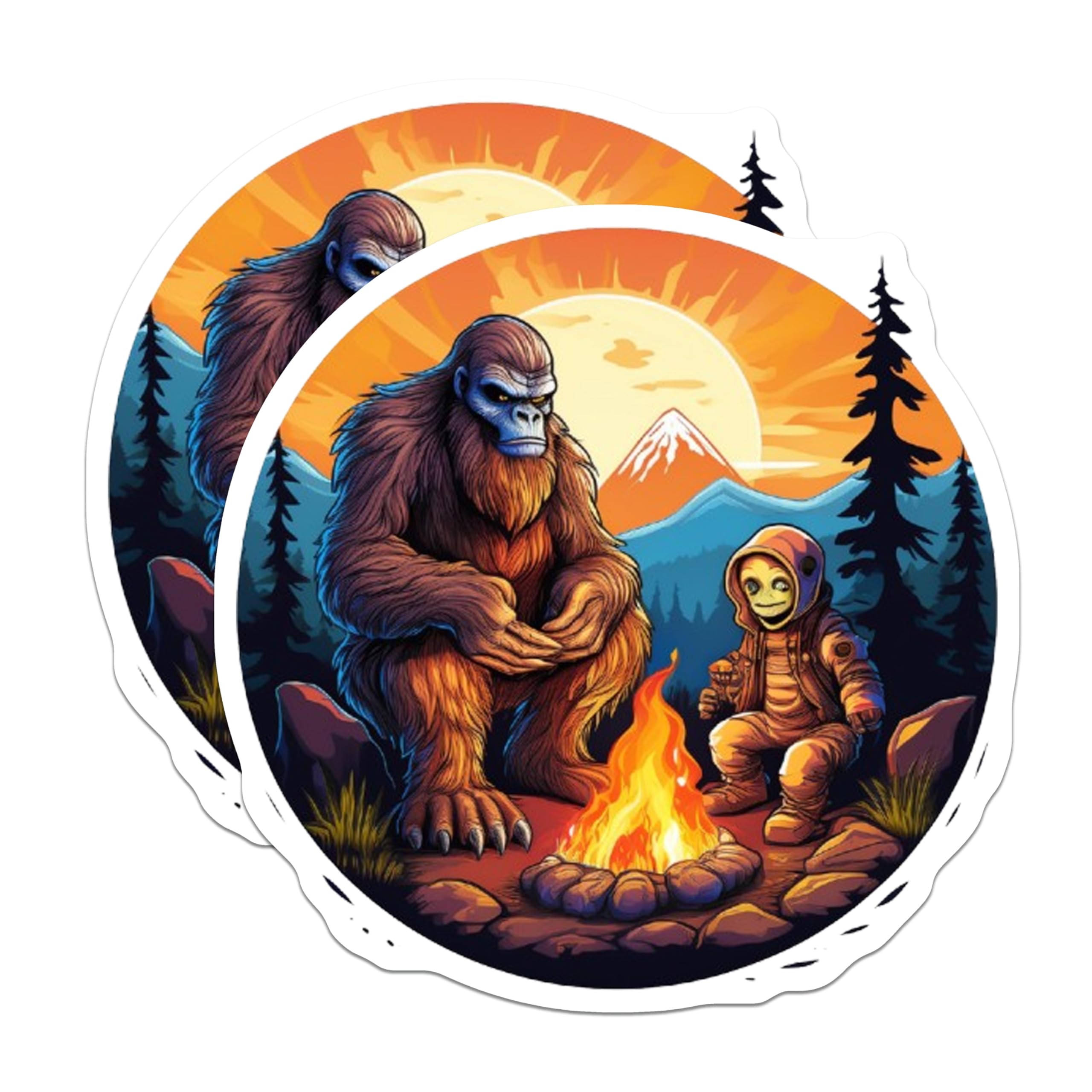 (2 Pack) Bigfoot Alien Campfire Magnets - Sasquatch Extraterrestrial Art Decor - Wilderness Camping Scene - 5 Inches On Longest Side - Thick Durable Magnet - Made in USA - MAG22912