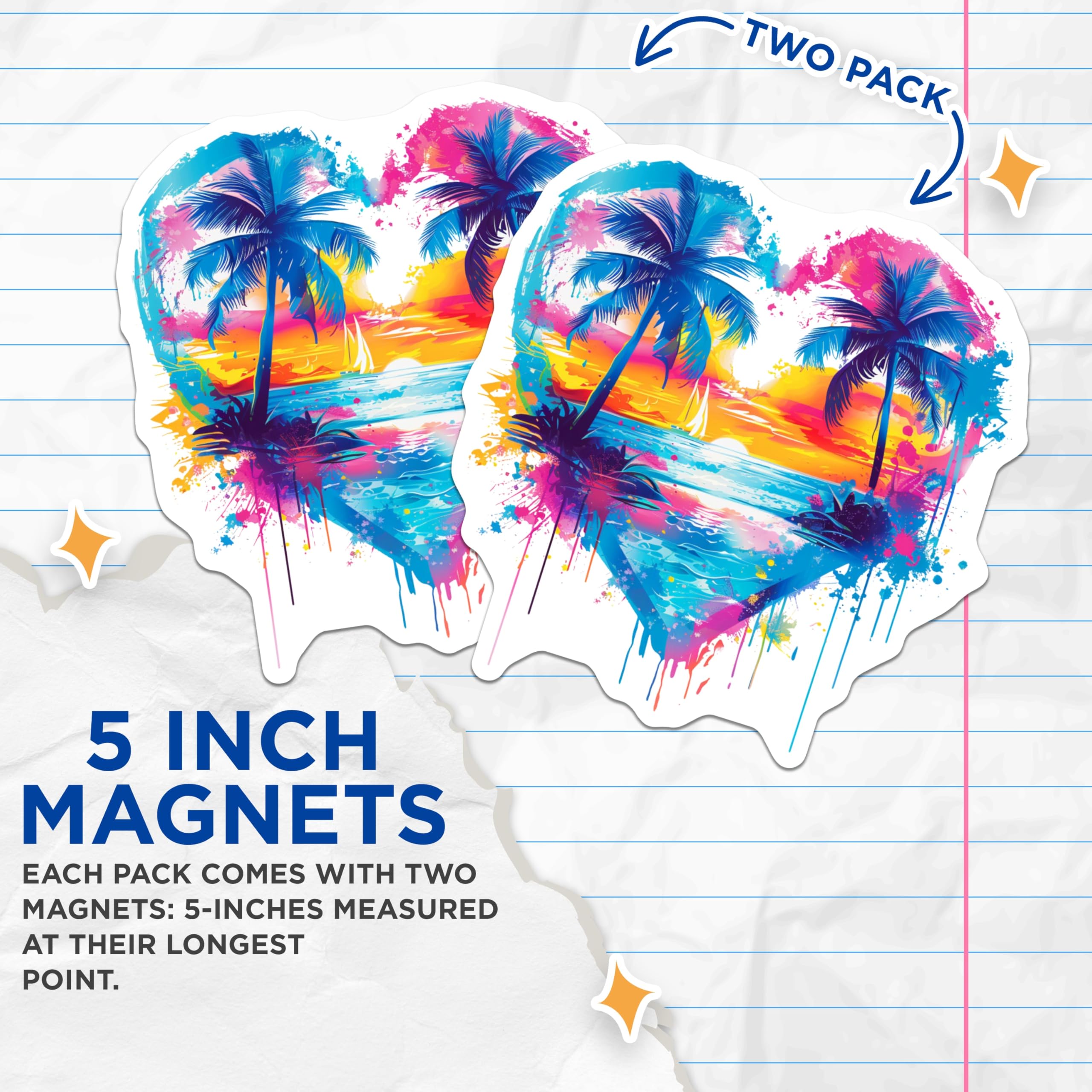 (2 Pack) Tropical Sunset Magnets - Beach Heart Decor - Vibrant Palm Tree Art - 5 Inches On Longest Side - Thick Durable Magnet - Made in USA - MAG25529