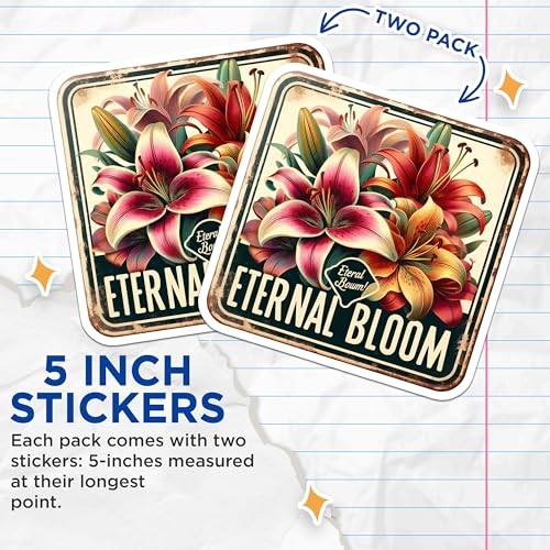 (2 Pack) Eternal Bloom Stickers - Floral Art Stickers - Vintage Flower Stickers - 5" On Longest Side - Sticks to Smooth Flat Surfaces - Made in USA - BMCS6529